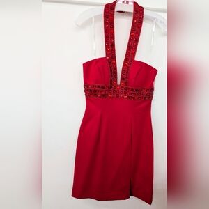 Sherri Hill Red Jewel-Embellished Mini Dress